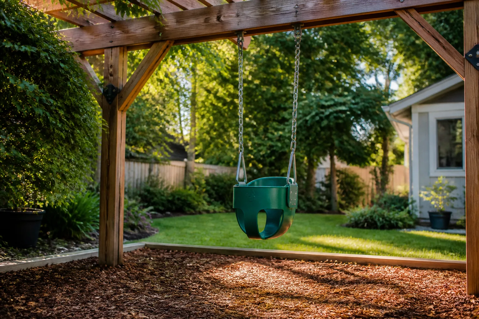 Toddler bucket swing hung from a wooden pergola beam with heavy-duty swing hangers