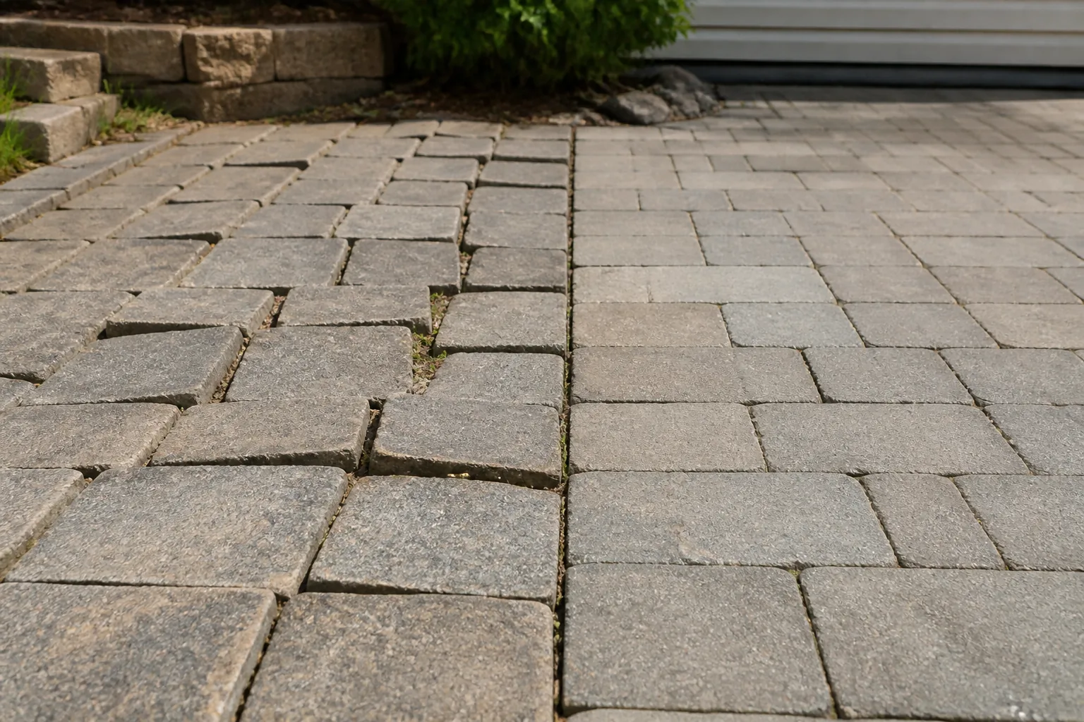Shifted pavers with visible gaps next to a properly repaired, tight paver joint